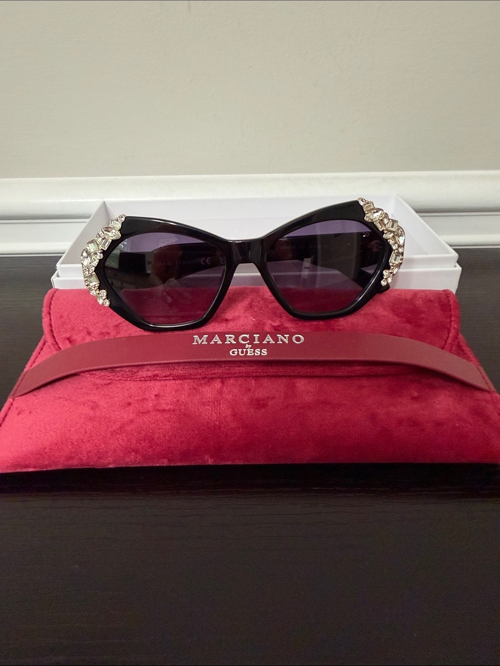 Marciano Black Crystal-Embellished Cat Eye Sunglasses